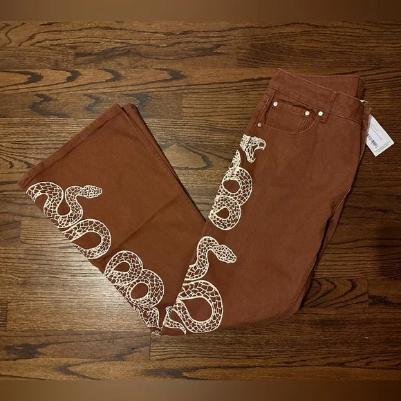 Brown Snake Print Women Jeans - Picture 1 of 4